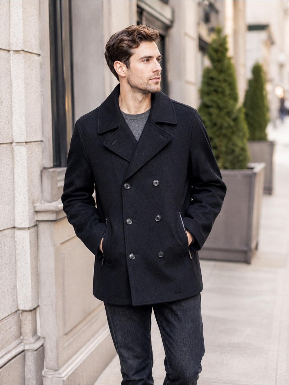 Michael Kors Men’s Wool Blend Double Breasted Peacoat Black Size M